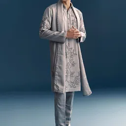 KALKI Fashion Men Floral Embroidered Regular Thread Work Linen Kurta with Trousers & With Dupatta-image-14