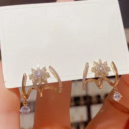 DIVASTRI Gold-Plated American Diamond Studded Korean Floral Drop Earrings-image-47