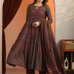 Libas Womens Rust Printed Cotton Anarkali Kurta With Trousers & Dupatta-image-21