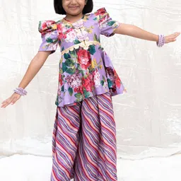 Fayon Kids Girls Floral Printed Puffed Sleeves Gotta Patti Peplum Kurti With Palazzos-picture-56