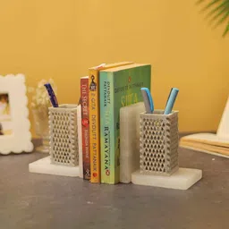 katkaria creations Jali Set Of 2 White Soapstone & Marble Bookends With Pen Stand image 4