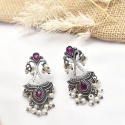 Teejh Ethnic Nilay Red Stone Silver Oxidized Dangler Earrings-picture-3