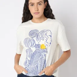 Vero Moda Off White & Blue Cotton Printed T-Shirt image 2