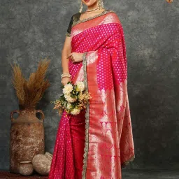 Satrani Pink Silk Woven Saree With Unstitched Blouse image 2