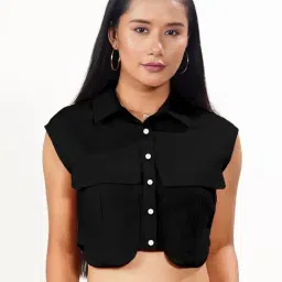 Zink London Black Solid Crop Shirt-image-14
