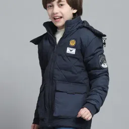 Monte Carlo Boys Solid Navy Blue Hooded Neck Full Sleeve Jacket image 3