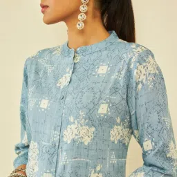 Soch Powder Blue Rayon Floral and Geometric Print Straight Kurta with Pocket image 5
