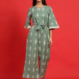 Juniper Sage Green Geometric Printed Cotton Flex Jumpsuit With Zip Closure image 4