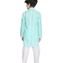 VASTRAMAY Kids Green & White Cotton Embroidered Kurta Set image 2