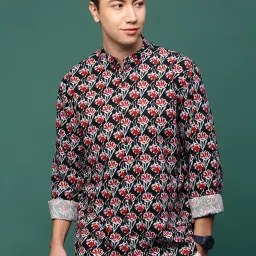 showoffff Showoff Black Cotton Slim Fit Floral Print Shirt image 2
