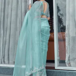 Saree Mall Turquoise Embellished Sarees With Unstitched Blouse image 2