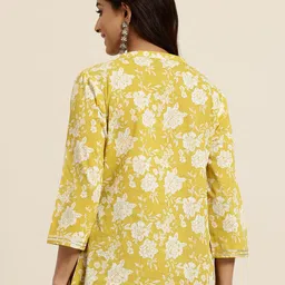 HERE&NOW Floral Printed Mirror Work Pure Cotton Mirror Work Pleated Kurti image 4