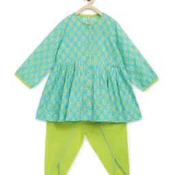 Campana Kids Blue & Lime Green Cotton Printed Kurta Set image 1
