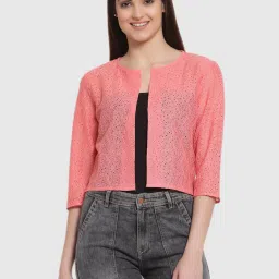 Style Quotient Women Coral Self Design Floral lace Regular Open Front Shrug image 1