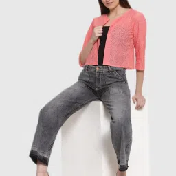 Style Quotient Women Coral Self Design Floral lace Regular Open Front Shrug image 4