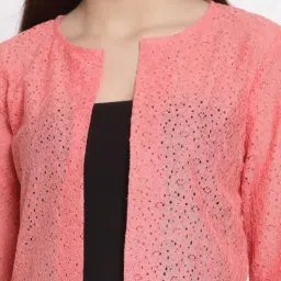 Style Quotient Women Coral Self Design Floral lace Regular Open Front Shrug image 5
