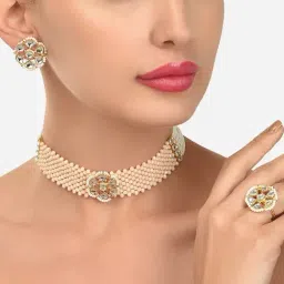 Zaveri Pearls Peach Crystal Beads Woven Multistrand Choker Necklace Earring & Ring Set-ZPFK12181-image-86