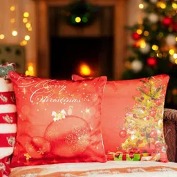 Vendola Red & Gold-Toned 2 Pieces Floral Printed Velvet Square Cushion Covers-picture-31