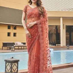 Tikhi Imli Orange Embroidered Saree With Unstitched Blouse-picture-44