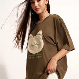 street by tokyo talkies Street By Tokyo Cat Embroidered Drop-Shoulder Sleeves Oversized T-shirt image 2