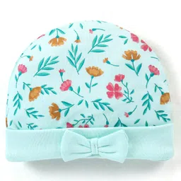 Babyhug 100% Cotton Cap Floral Printed with Bow Applique - Blue-image-2