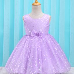 Babyhug Sleeveless Party Frock With Foil Print & Bow Applique- Lilac-picture-9