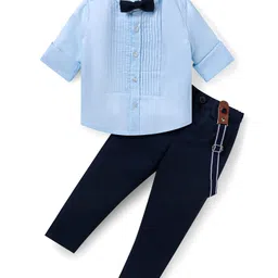 Babyhug Cotton Woven Full Sleeves Solid Colour Shirt & Trouser Set with Pinktucks Detailing Bow & Suspender - Light Blue-picture-19