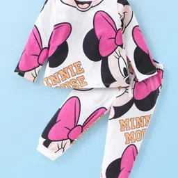 Babyhug Disney Cotton Knit Full Sleeves Night Suit With Minnie Mouse Print - White & Pink-image-37
