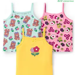 Babyoye Cotton Elastane Knit Sleeveless Slips With Floral & Bear Print Pack Of 3 - Yellow Pink & Light Blue-picture-37