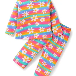 Babyhug Cotton Knit Full Sleeves Night Suit with Floral Print & Stripes - Red-picture-23