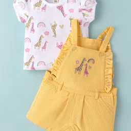 ToffyHouse Cotton Knit Dungaree & Half Sleeves T-Shirt With Giraffe Print & Embroidery - Yellow-picture-32