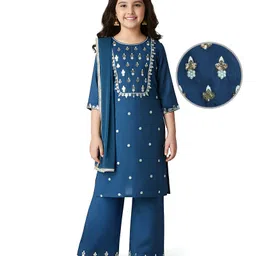 Pine Kids Woven Three Fourth Sleeves Kurti Chudidar Set with Dupatta & Floral Embroidery & Sequin Detailing - Navy Blue-picture-23