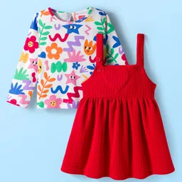 Babyhug Cotton Knit Full Sleeves Inner Tee & Frock With Floral & Star Print - Red & White-picture-13