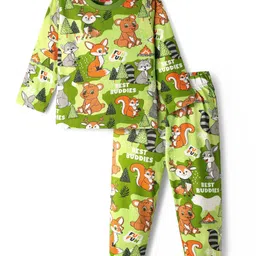 Babyhug Cotton Knit Full Sleeves Co-Ord Night Suit with Animal Print - Green-picture-23