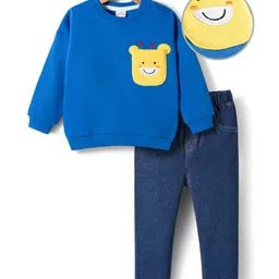 Mark & Mia Knit Full Sleeves Oversized Fleece Sweatshirt & Denim Jeans Set with Patch Detailing - Blue-picture-30