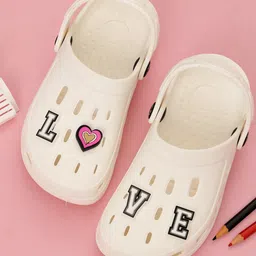 Yellow Bee Solid Perforated Clogs With Love Text & Heart Charms - White-picture-10