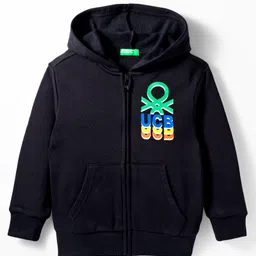 UCB Fleece Knit Full Sleeves Front Open Hooded SweatJacket with Brand Name Print & Kangaroo Pockets - Black-picture-19