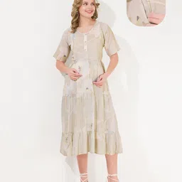 Quira Cotton Blend Woven Half Sleeves Floral Printed Maternity Dress With Side Zipper Nursing Access - Coffee-picture-44