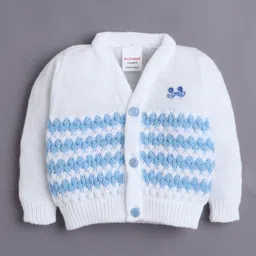 BUMZEE Knit Full Sleeves Cable Knit Design Solid Color Front Open Sweater with Cap Booties & Booties - White & Light Blue image 2