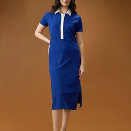 Globus Women Blue Collared Neck Short Sleeves Solid Side Slits Midi Workwear Shirt Dress-picture-28