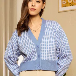 Berrylush Women Checked Crop Front Open Sweater-image-55