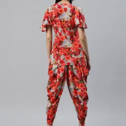 Cottinfab Red Floral Print Crepe Top Dhoti Pants Set image 2
