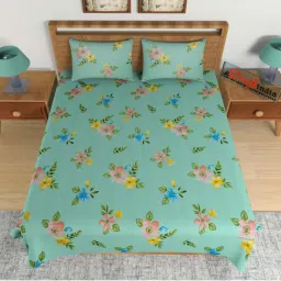 ecraftindia Green and Brown Floral Print 140 TC Glace Cotton Double Bedsheet (90' x 100') with 2 pillow cover image 3