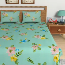 ecraftindia Green and Brown Floral Print 140 TC Glace Cotton Double Bedsheet (90' x 100') with 2 pillow cover image 4