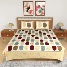 ecraftindia Yellow and Brown Floral Print 180 TC Cotton Double Bedsheet (108' x 108') with 2 pillow cover image 2