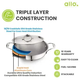 ALLO Silver Stainless Steel Induction Friendly Triply Kadhai (4 L) image 2