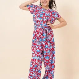 StyloBug Girls Red Floral Print Regular Fit Jumpsuit image 5