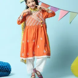 BIBA Girls Orange & White Embroidered Kurta with Sharara image 5