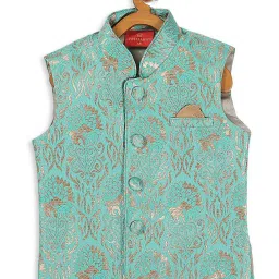 VASTRAMAY SISHU Aqua Blue Floral Print Nehru Jacket image 1
