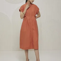 Artagai Orange Elevated Basics Pleated Shirt Dress with Concealed Placket image 5